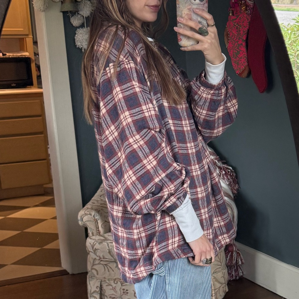 Free People Northern Bound Plaid blouse long sleeve flannel top sz large - Picture 3 of 12